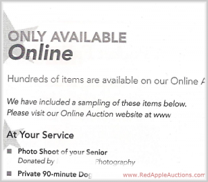 Online fundraising auction promo in school auction catalog