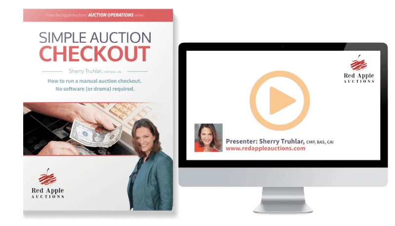 Book cover with words Simple Auction Checkout and Computer screen with video